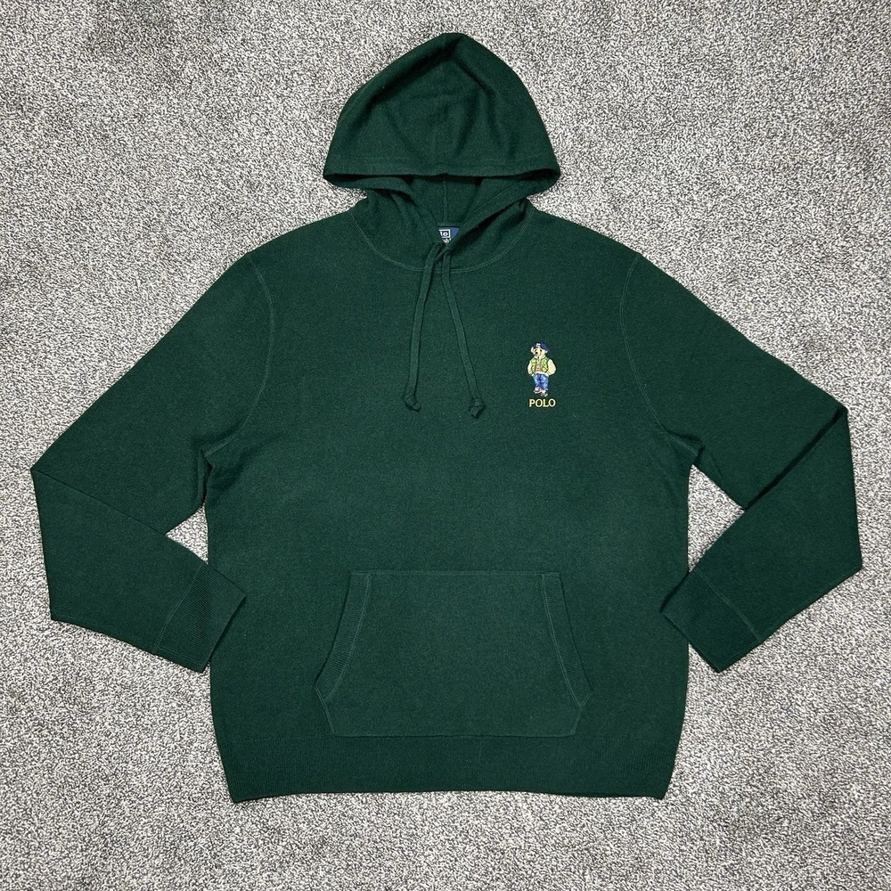 Polo By Ralph Lauren Polo Bear Wool Hooded Sweater‎ Knitted Hoodie Mens XL Green